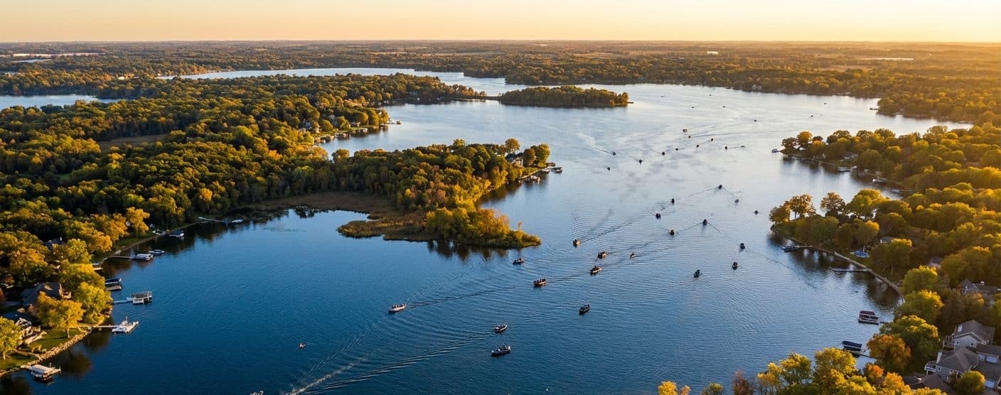 Sunset aerial view of boats on Lake Minnetonka near Minneapolis