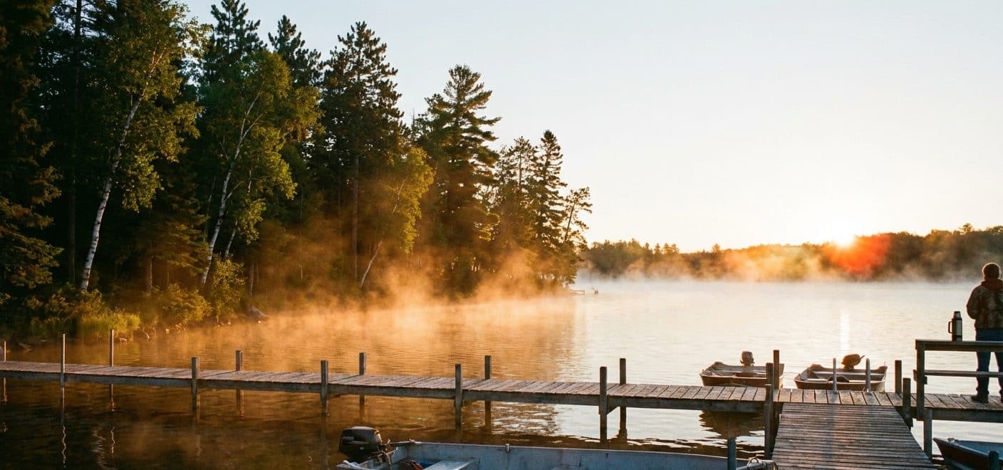 Misty sunrise over a dock on Leech Lake, Minnesota